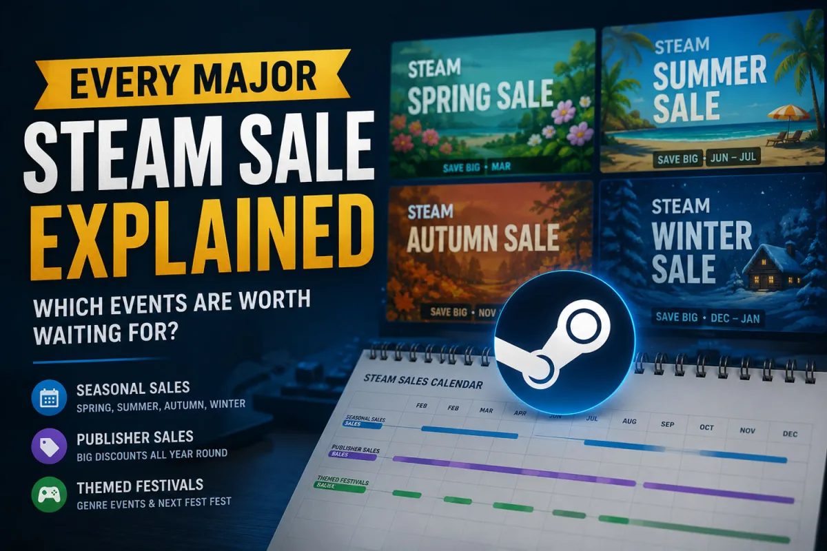 Steam seasonal sales calendar featuring Spring, Summer, Autumn, Winter, publisher sales, and themed festivals